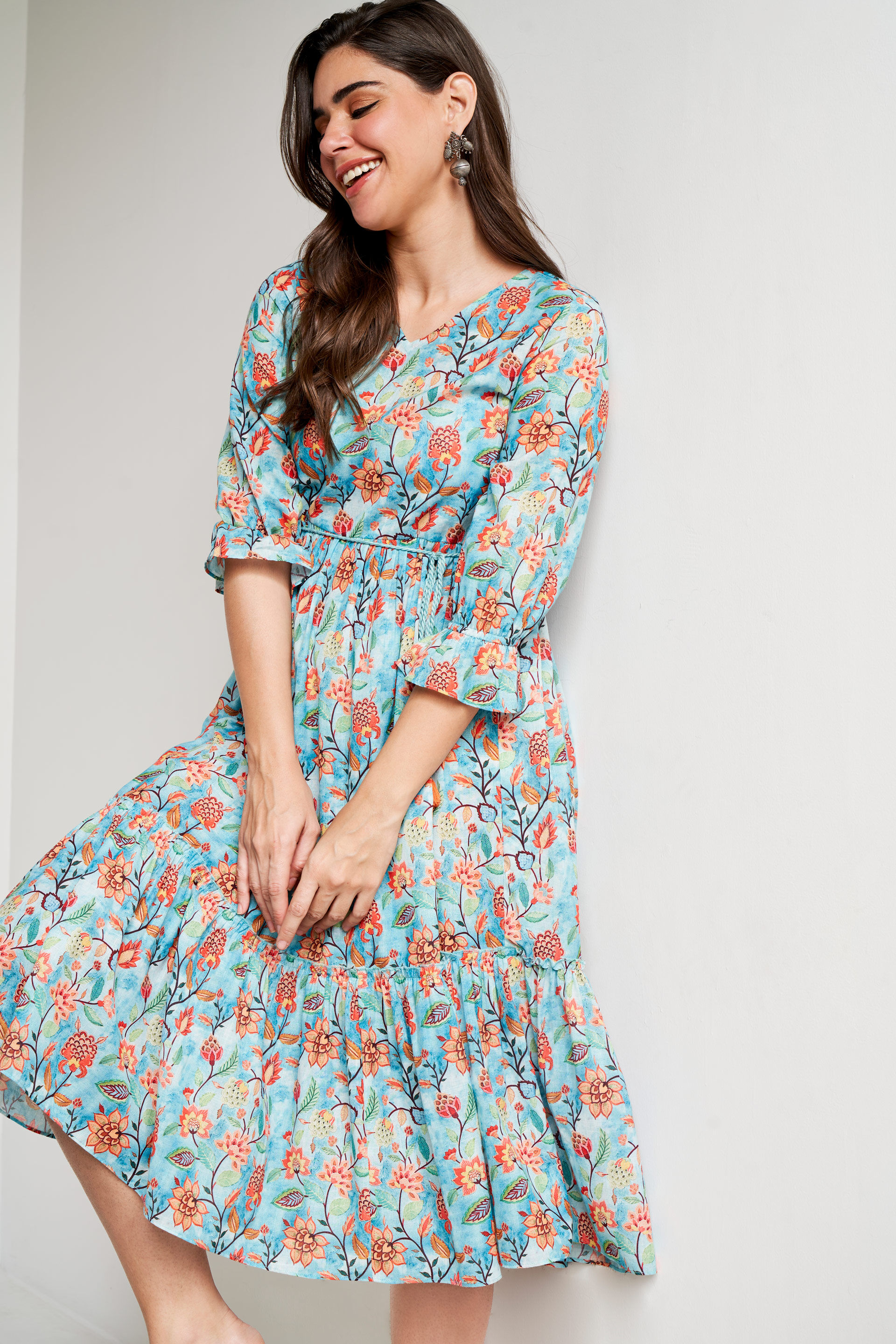 Blue Floral Flared Dress, Blue, image 3